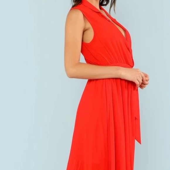 🆕hot red sleeveless chiffon tie waist maxi dress - Picture 3 of 8